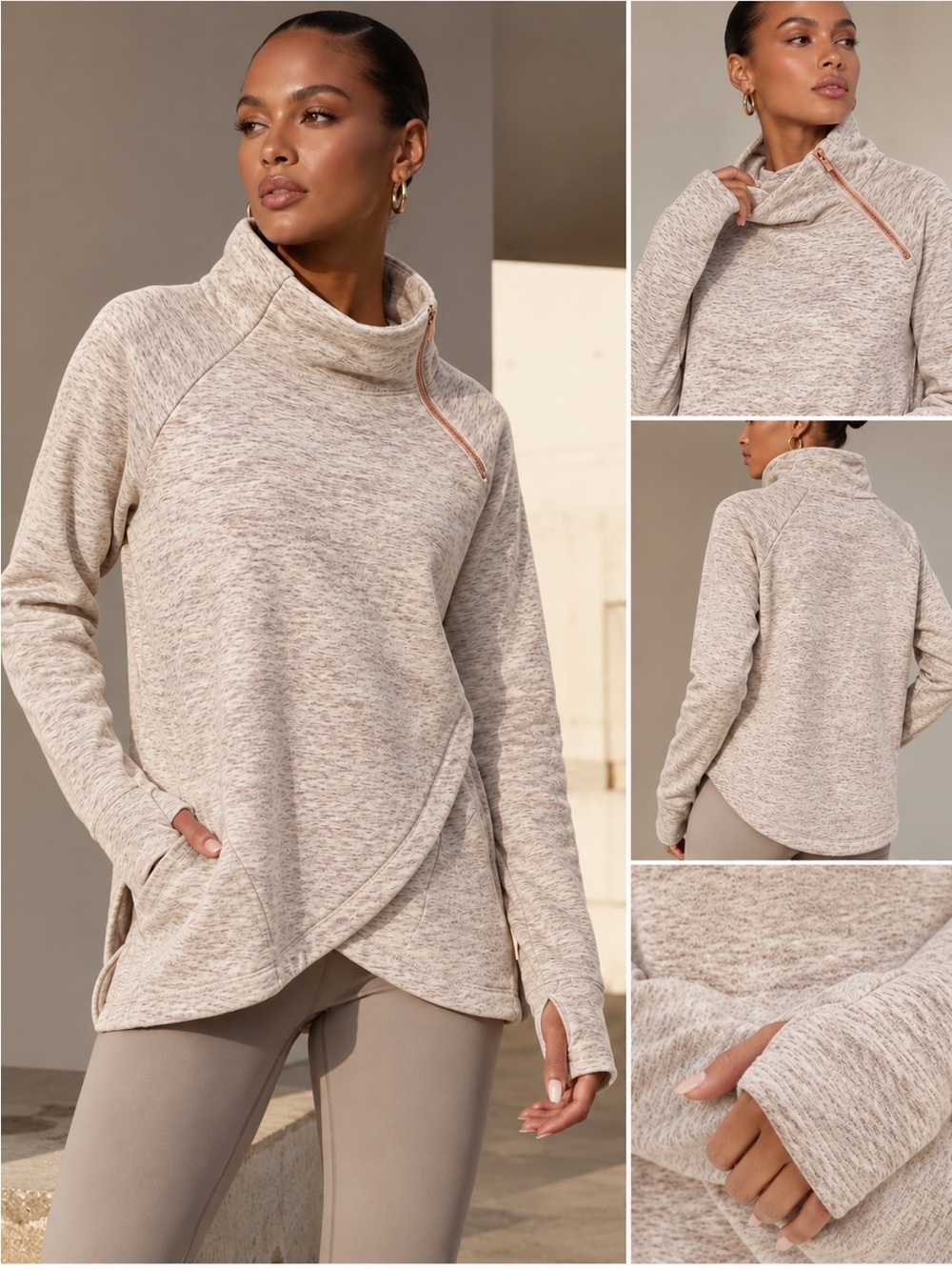 Athleta Cozy Karma Asym Pullover Sweatshirt XS Oatmeal Thumbholes Soft Cowl Neck